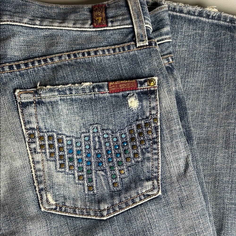 7 For All Mankind Flare Jeans Women's Size 28 Havana Rhinestone Pocket Mid Rise